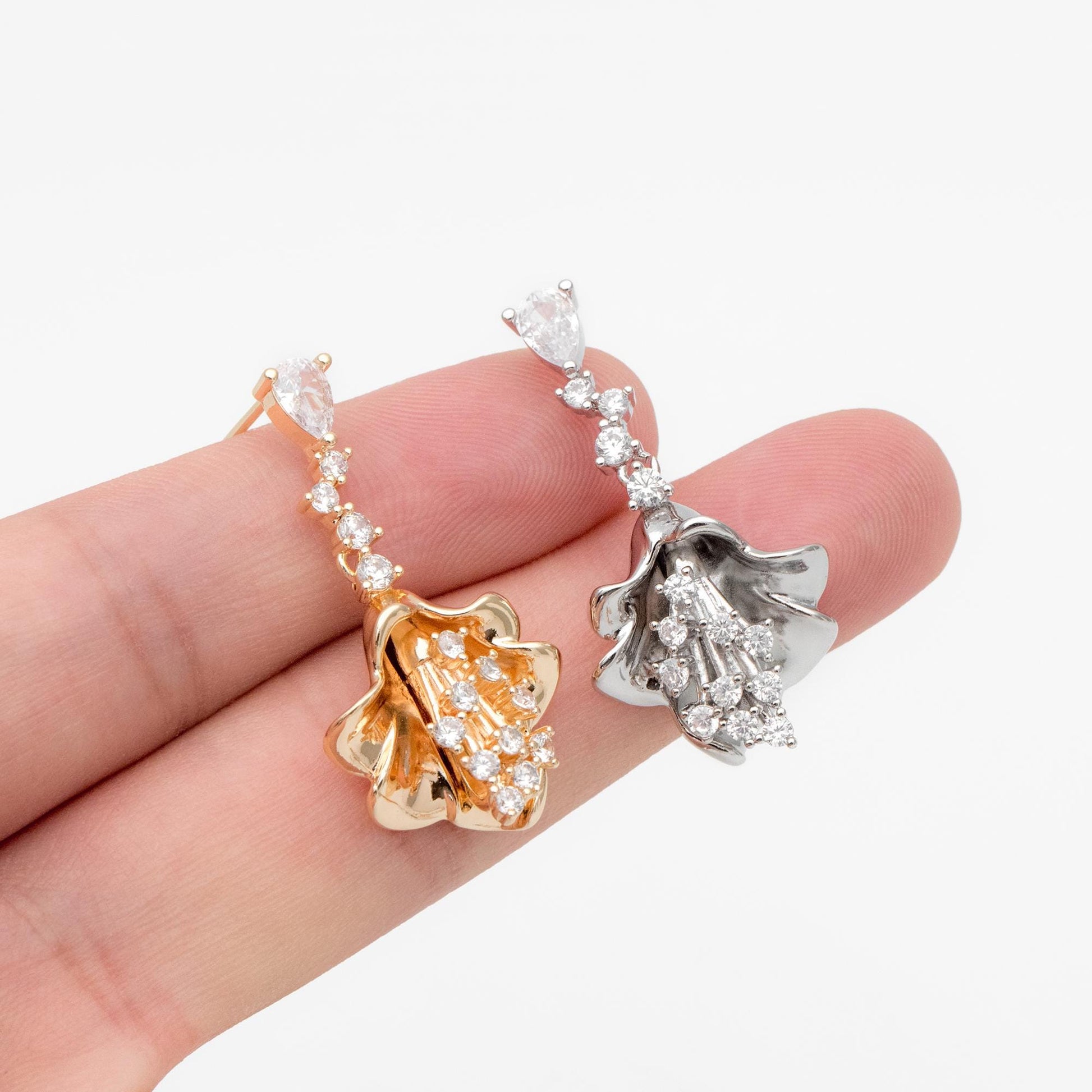 4pcs CZ Pave Gold/ Silver Tone Flower Earrings, 18K Gold/ Rhodium plated Brass, Dainty Dangle Earrings (GB-4517)