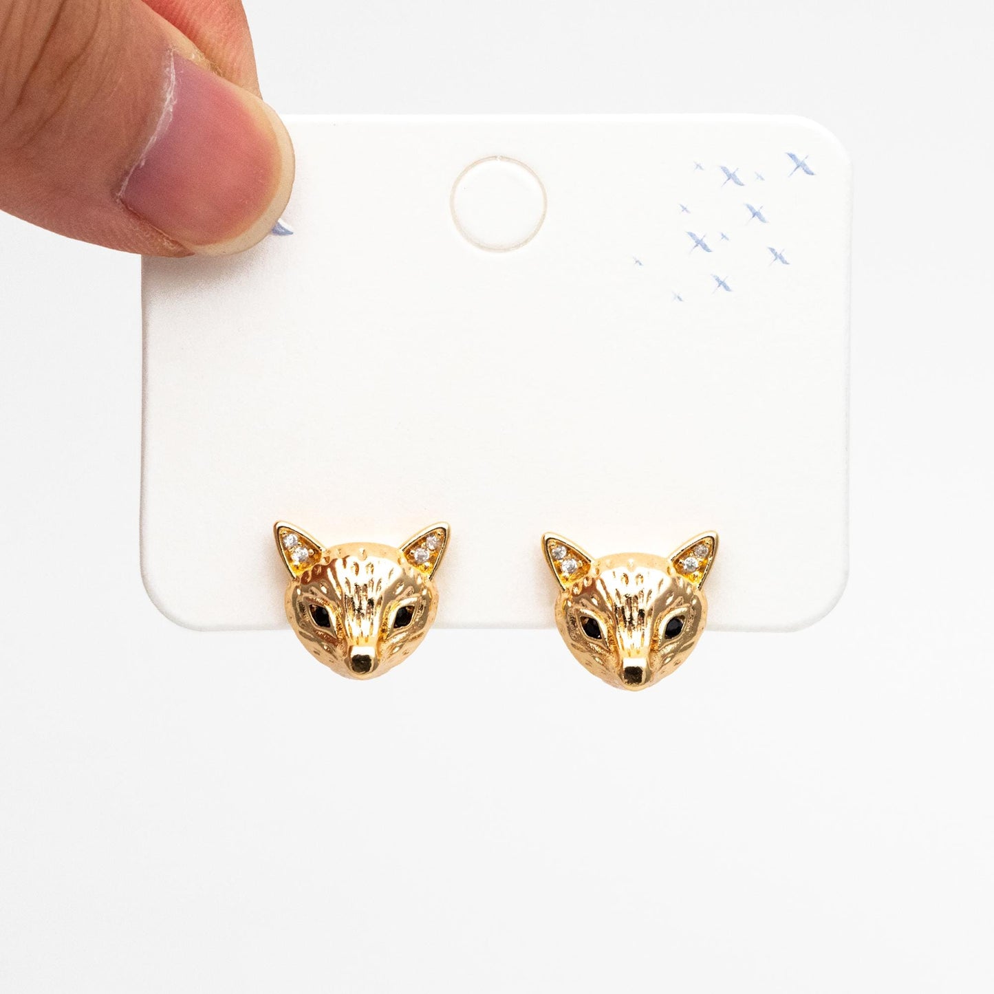 4pcs CZ Pave Gold Fox Head Earrings 12x14mm, Gold Plated Brass, Cute Animal Stud Earrings (GB-4529)
