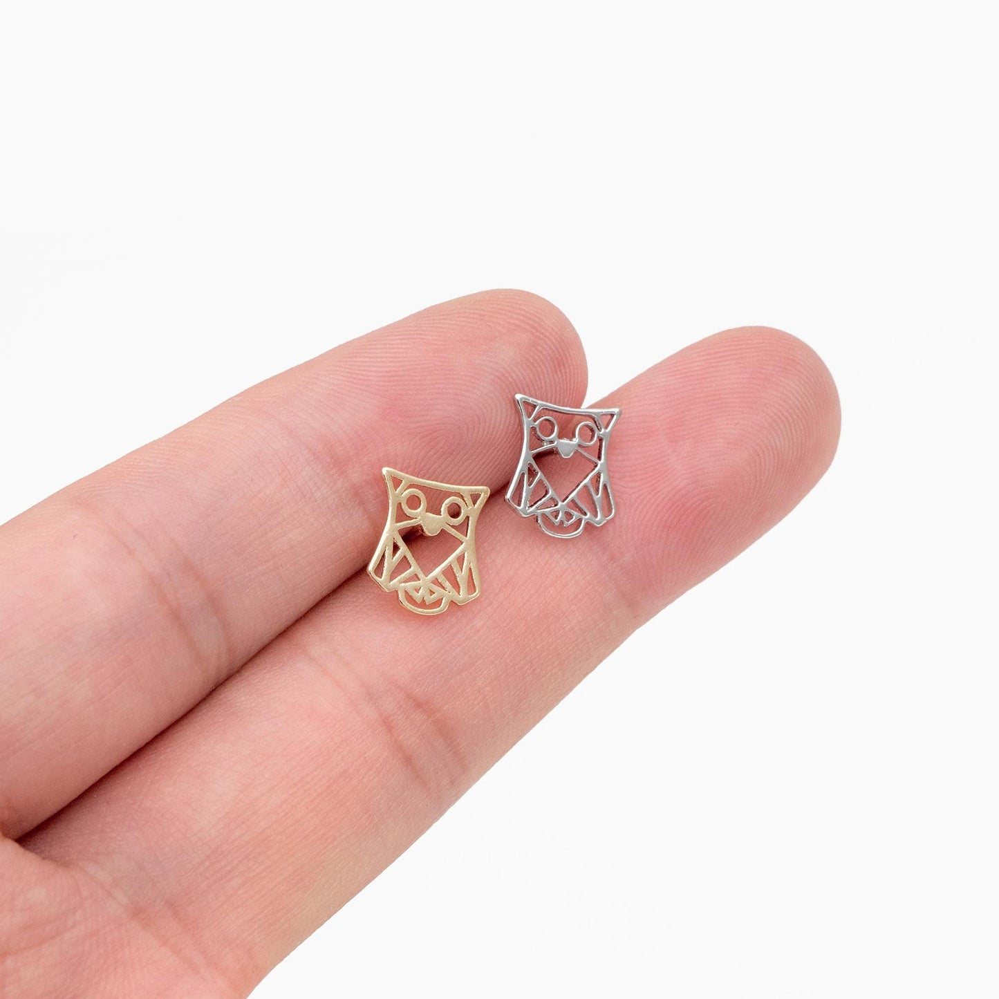 10pcs CZ Pave Gold/ Silver Tone Hollow Owl Earrings, Gold/ Rhodium Plated Brass, Bird Stud Earrings (GB-4530)