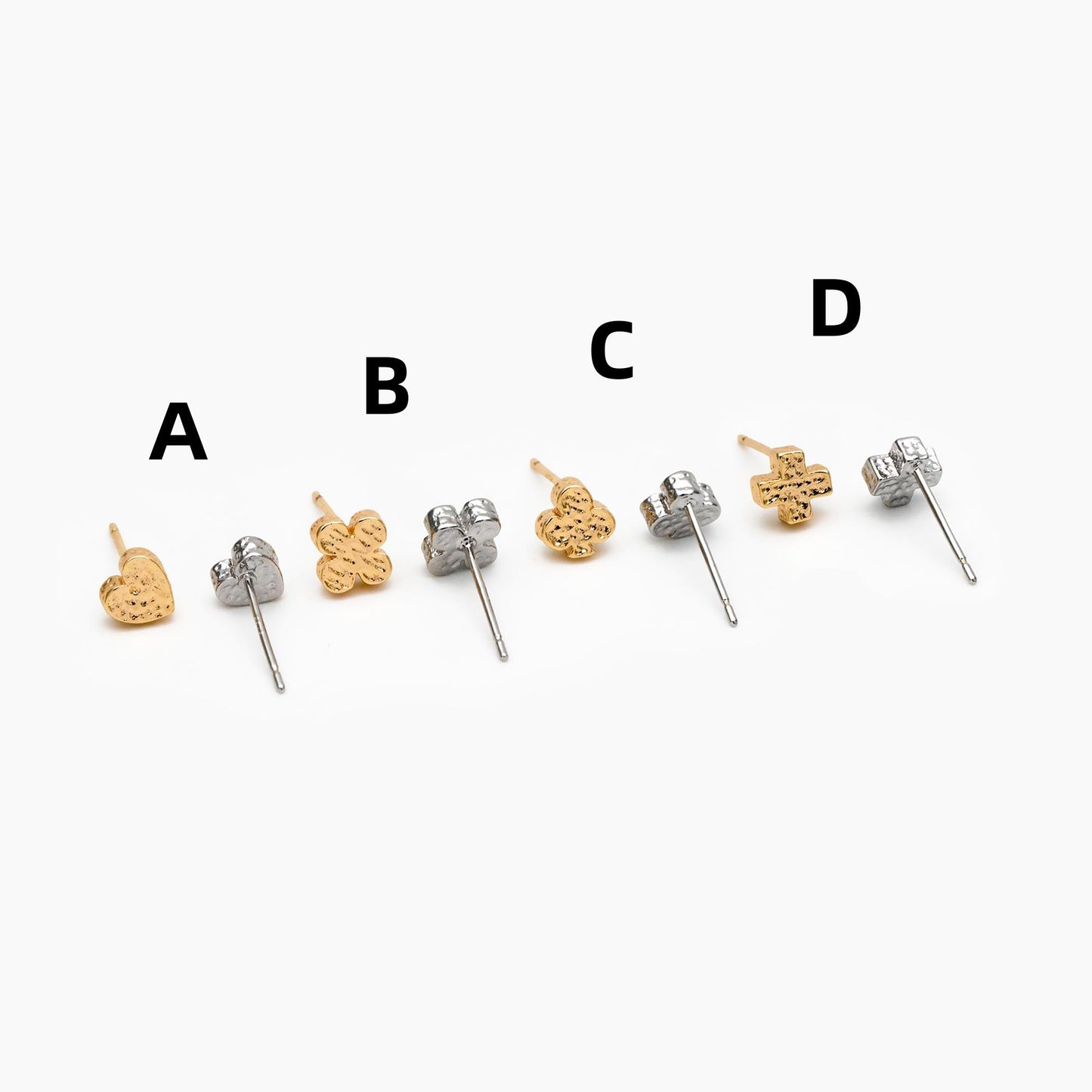 10pcs Gold/ Silver Tone Hammered Heart/ Clover/ Club/ Cross Earrings, Real Gold/ Rhodium Plated Brass Minimalist Stud Earrings (GB-4481)