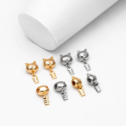 4pcs Gold/ Silver Cat and Fish Bone Bracelet Charms, 18K Gold/ Rhodium plated Brass, Dainty Cute Charms (GB-4468)