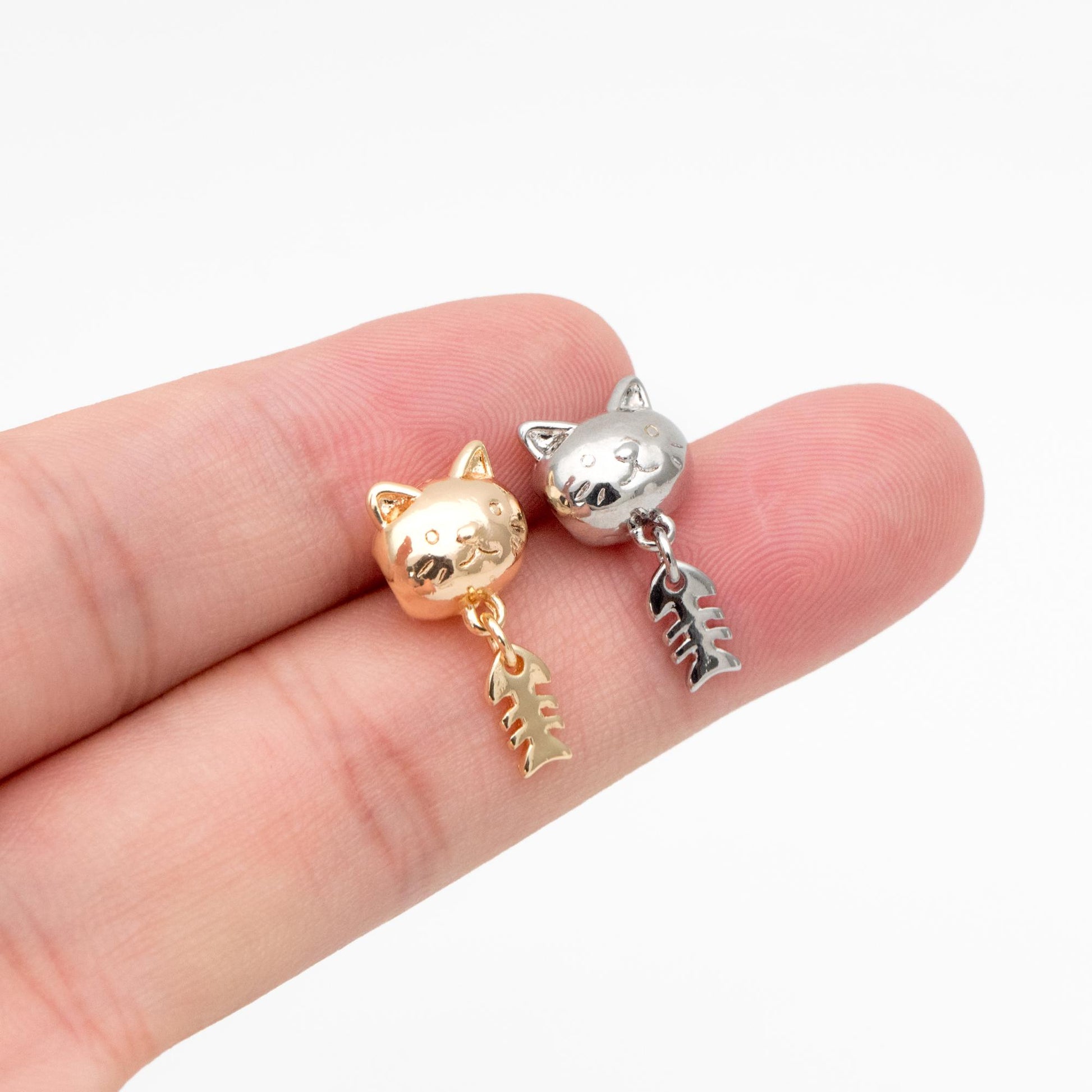 4pcs Gold/ Silver Cat and Fish Bone Bracelet Charms, 18K Gold/ Rhodium plated Brass, Dainty Cute Charms (GB-4468)