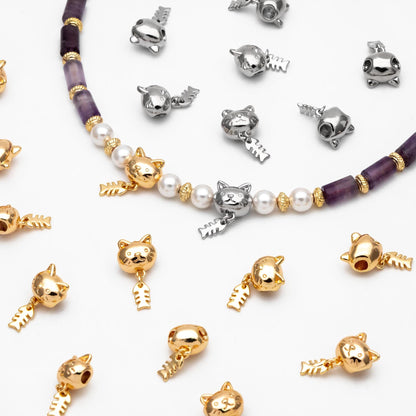4pcs Gold/ Silver Cat and Fish Bone Bracelet Charms, 18K Gold/ Rhodium plated Brass, Dainty Cute Charms (GB-4468)