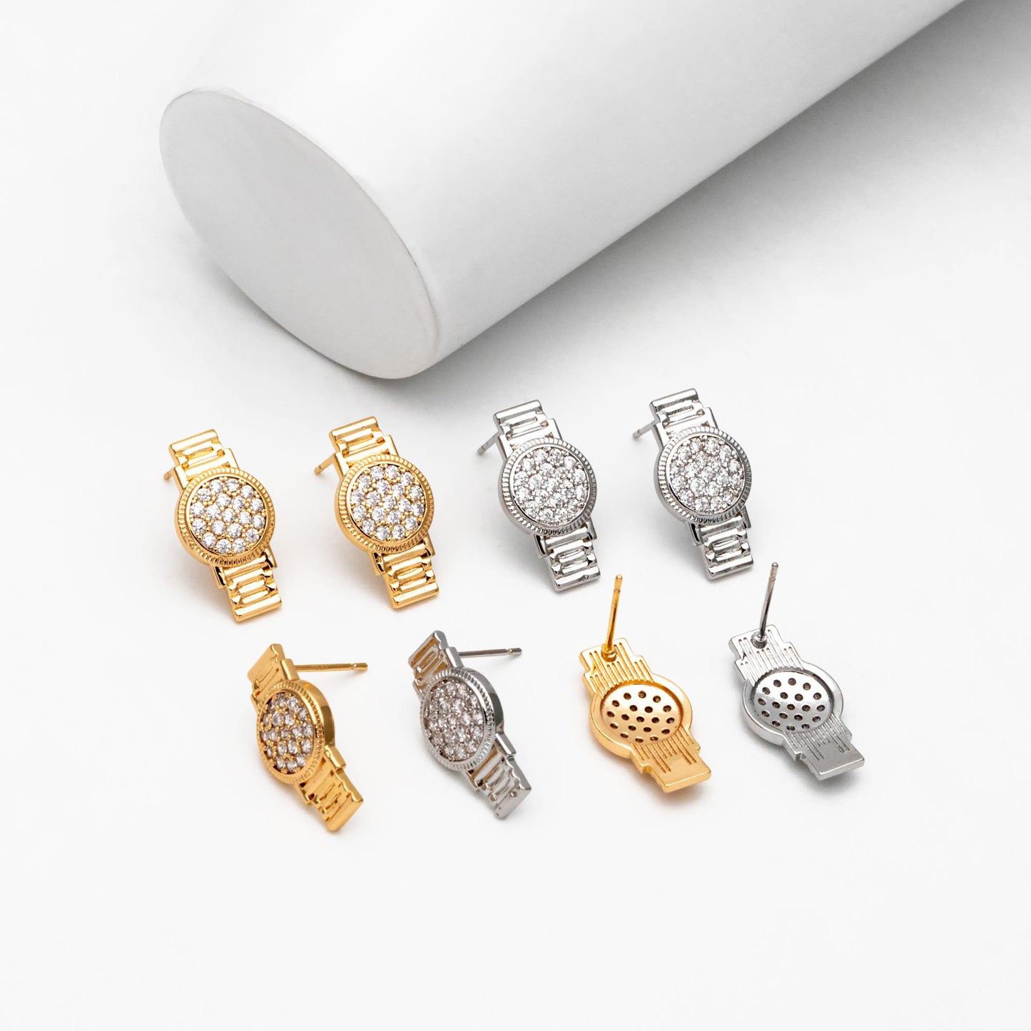4pcs CZ Pave Gold/ Silver Watch Earrings, 18K Real Gold/ Rhodium Plated Brass, Dainty Stud Earrings (GB-4480)