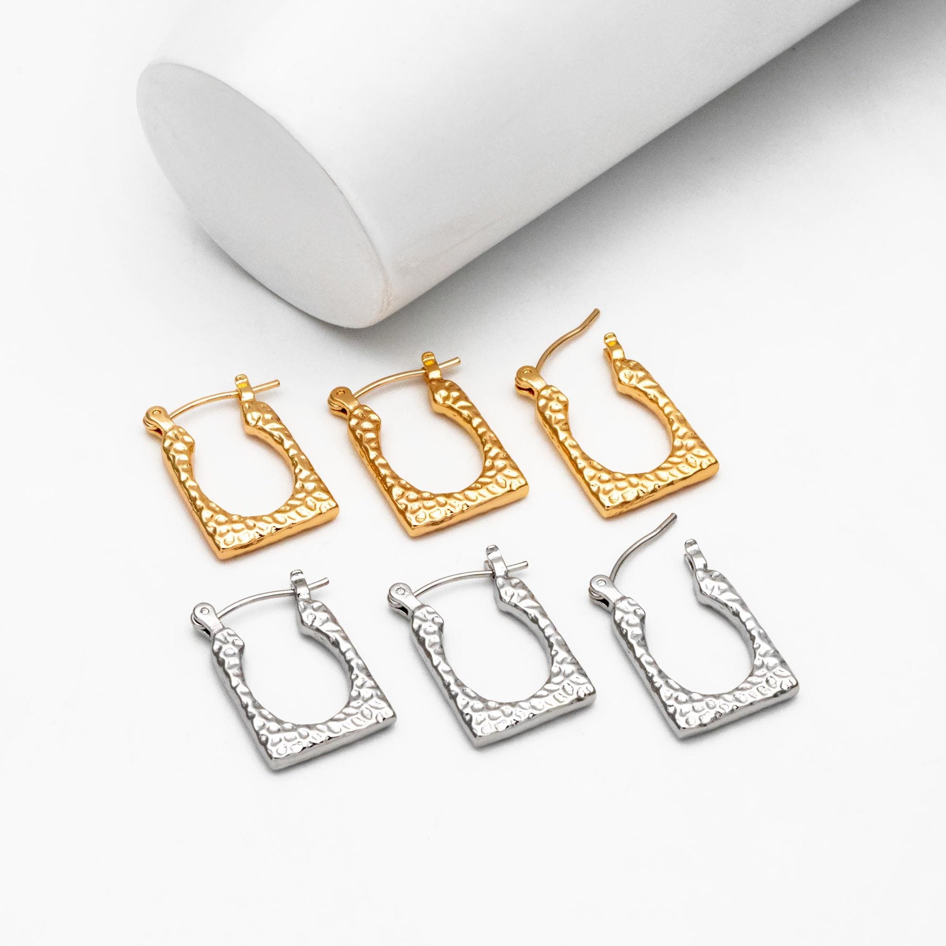 4pcs Gold/ Silver Tone Rectangle Earrings, 18K Gold/ Rhodium plated Brass, Hammered Hoop Earrings (#GB-4485)