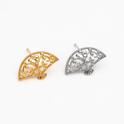 10pcs Gold/ Silver Tone Fan Shape Earrings, Gold/ Rhodium Plated Brass, Flower Fan Stud Earrings (#GB-4486)