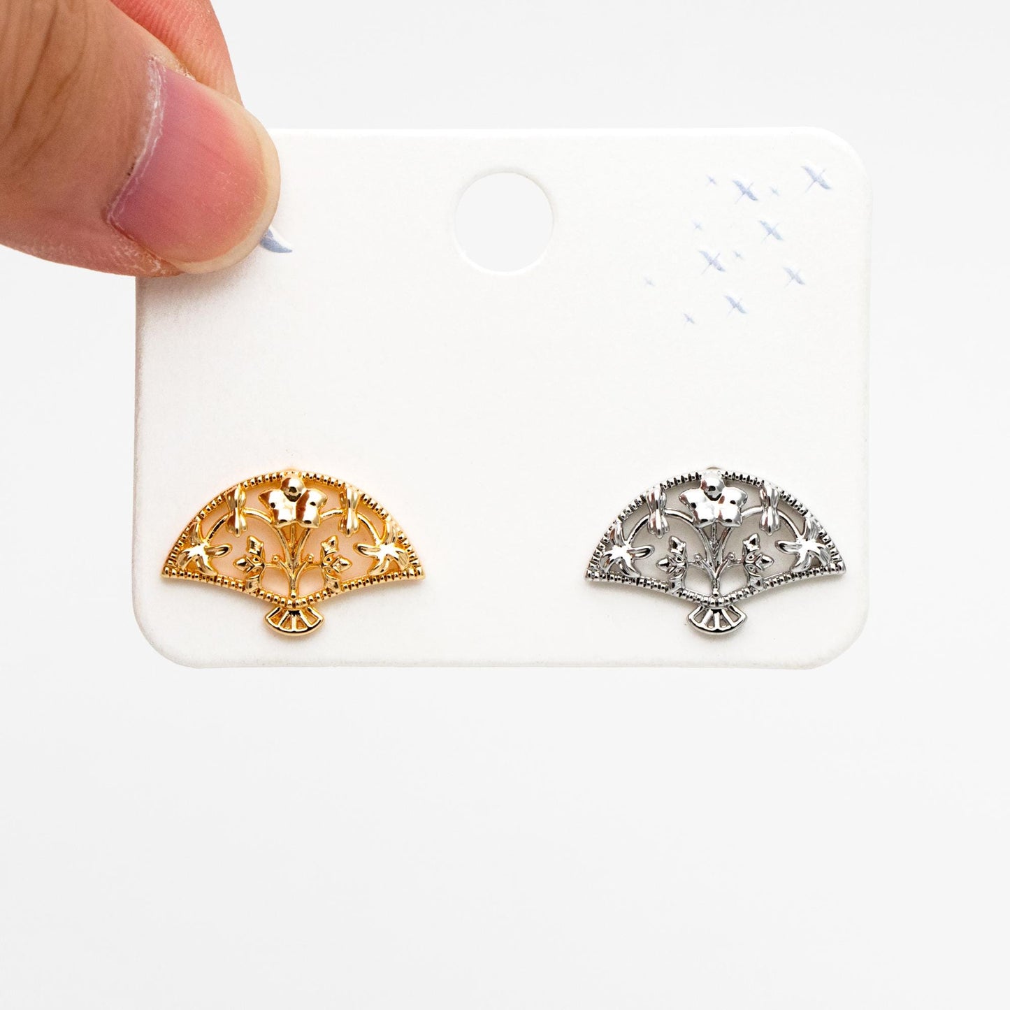 10pcs Gold/ Silver Tone Fan Shape Earrings, Gold/ Rhodium Plated Brass, Flower Fan Stud Earrings (#GB-4486)