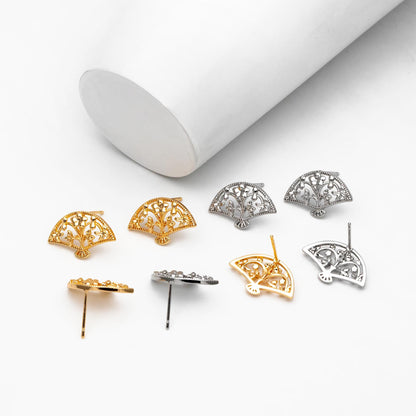 10pcs Gold/ Silver Tone Fan Shape Earrings, Gold/ Rhodium Plated Brass, Flower Fan Stud Earrings (#GB-4486)