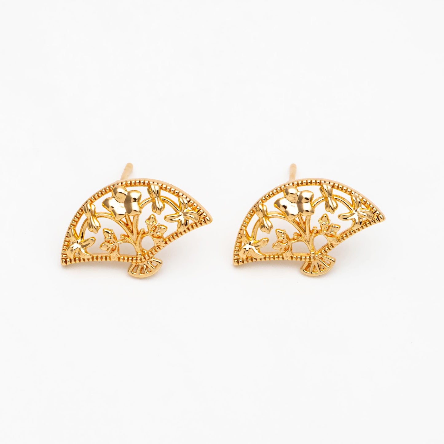 10pcs Gold/ Silver Tone Fan Shape Earrings, Gold/ Rhodium Plated Brass, Flower Fan Stud Earrings (#GB-4486)