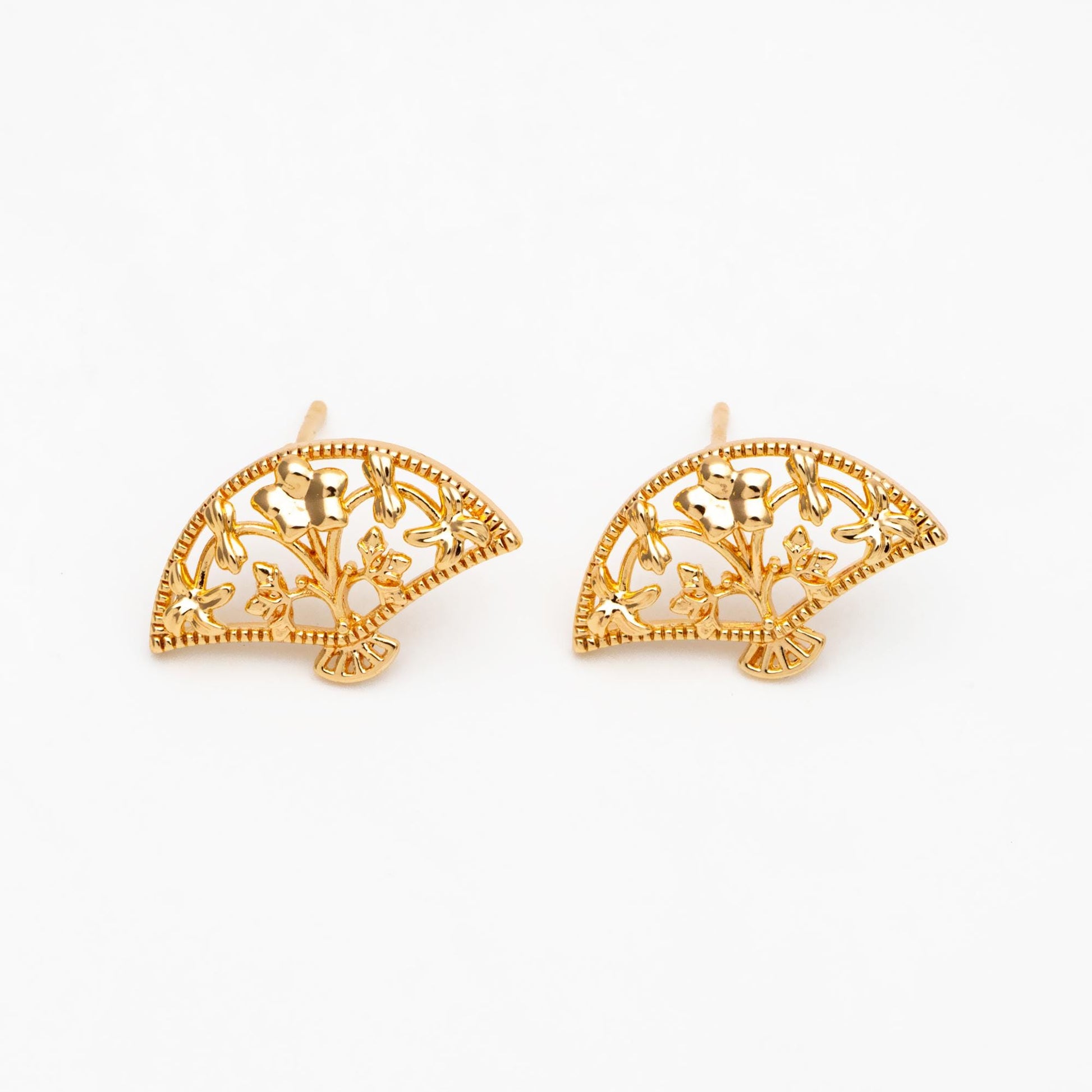 10pcs Gold/ Silver Tone Fan Shape Earrings, Gold/ Rhodium Plated Brass, Flower Fan Stud Earrings (#GB-4486)