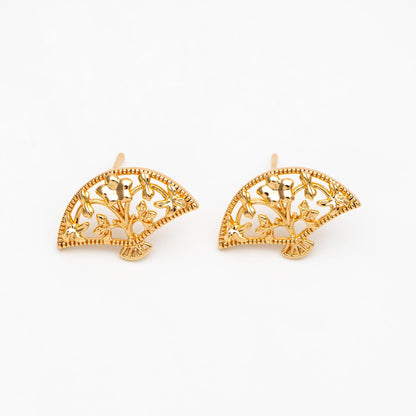 10pcs Gold/ Silver Tone Fan Shape Earrings, Gold/ Rhodium Plated Brass, Flower Fan Stud Earrings (#GB-4486)