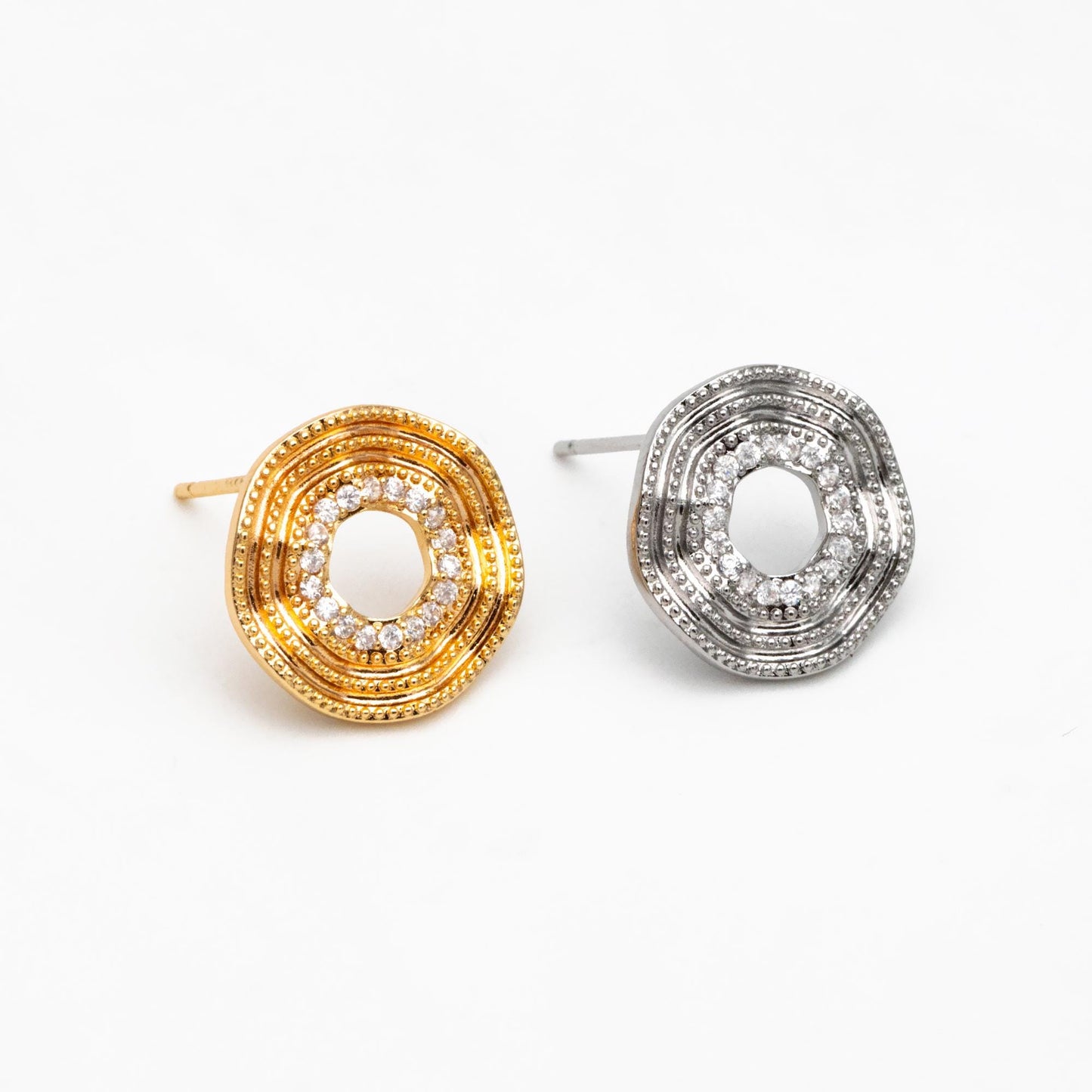 4pcs CZ Pave Gold/ Silver Tone Round Wave Earrings 14mm, Gold/ Rhodium Plated Brass Dainty Stud Earrings (GB-4487)