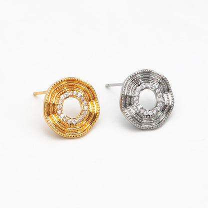 4pcs CZ Pave Gold/ Silver Tone Round Wave Earrings 14mm, Gold/ Rhodium Plated Brass Dainty Stud Earrings (GB-4487)