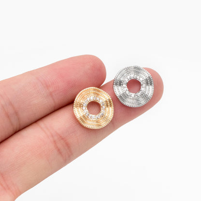 4pcs CZ Pave Gold/ Silver Tone Round Wave Earrings 14mm, Gold/ Rhodium Plated Brass Dainty Stud Earrings (GB-4487)