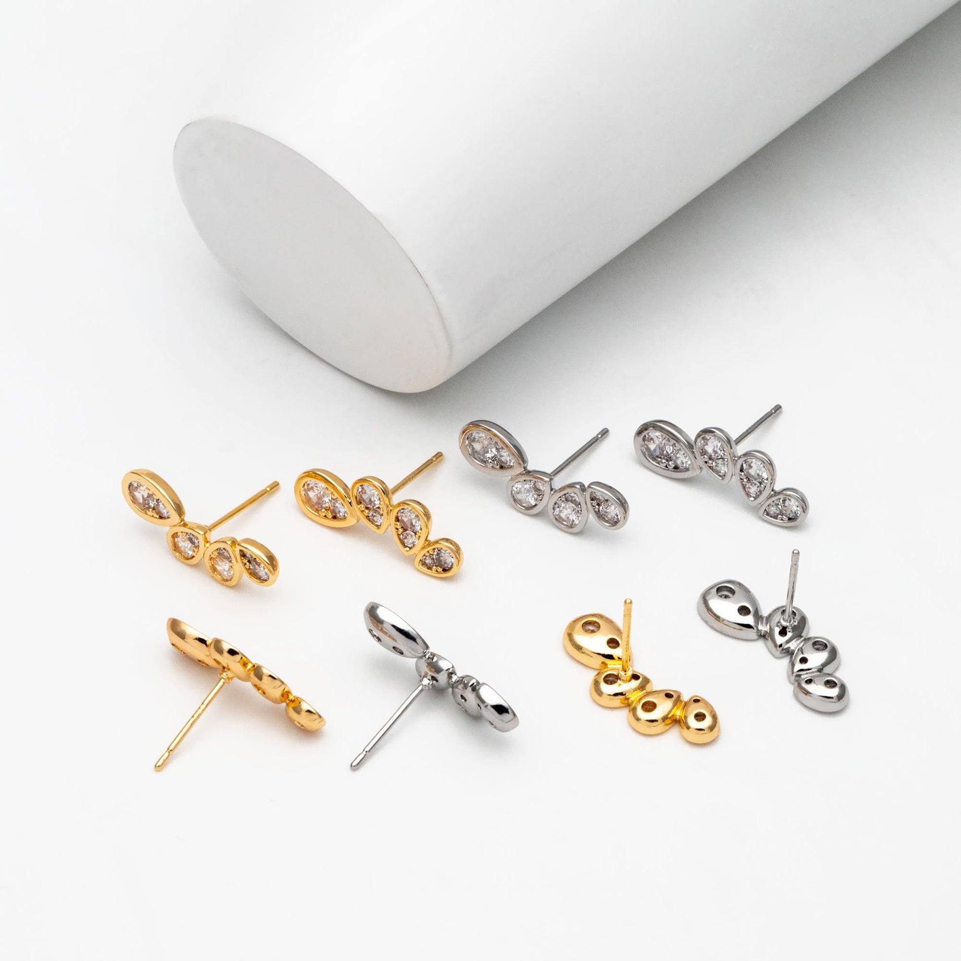 4pcs CZ Pave Gold/ Silver Tone Teardrop Earrings, 18K Gold/ Rhodium Plated Brass, Dainty Stud Earrings (GB-4488)