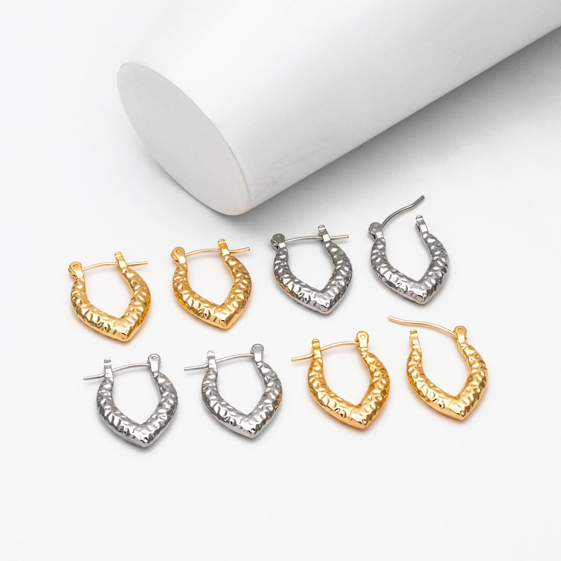 4pcs Gold/ Silver Tone Hammered Earrings, 18K Gold/ Rhodium plated Brass, Dainty Hoop Earrings (GB-4489)