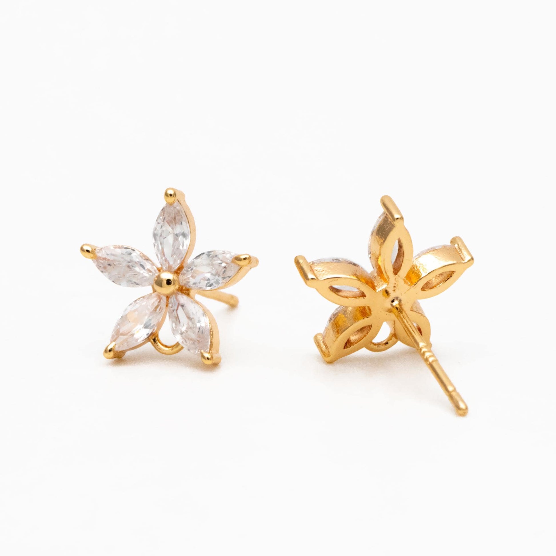 10pcs CZ Pave Flower Ear Posts 12mm, Real Gold Plated Brass Stud Earrings, Sterling Silver Pin (#GB-312)