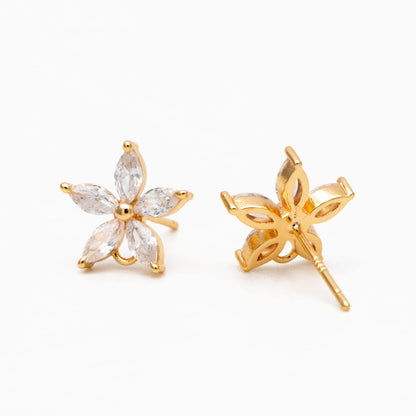 10pcs CZ Pave Flower Ear Posts 12mm, Real Gold Plated Brass Stud Earrings, Sterling Silver Pin (#GB-312)