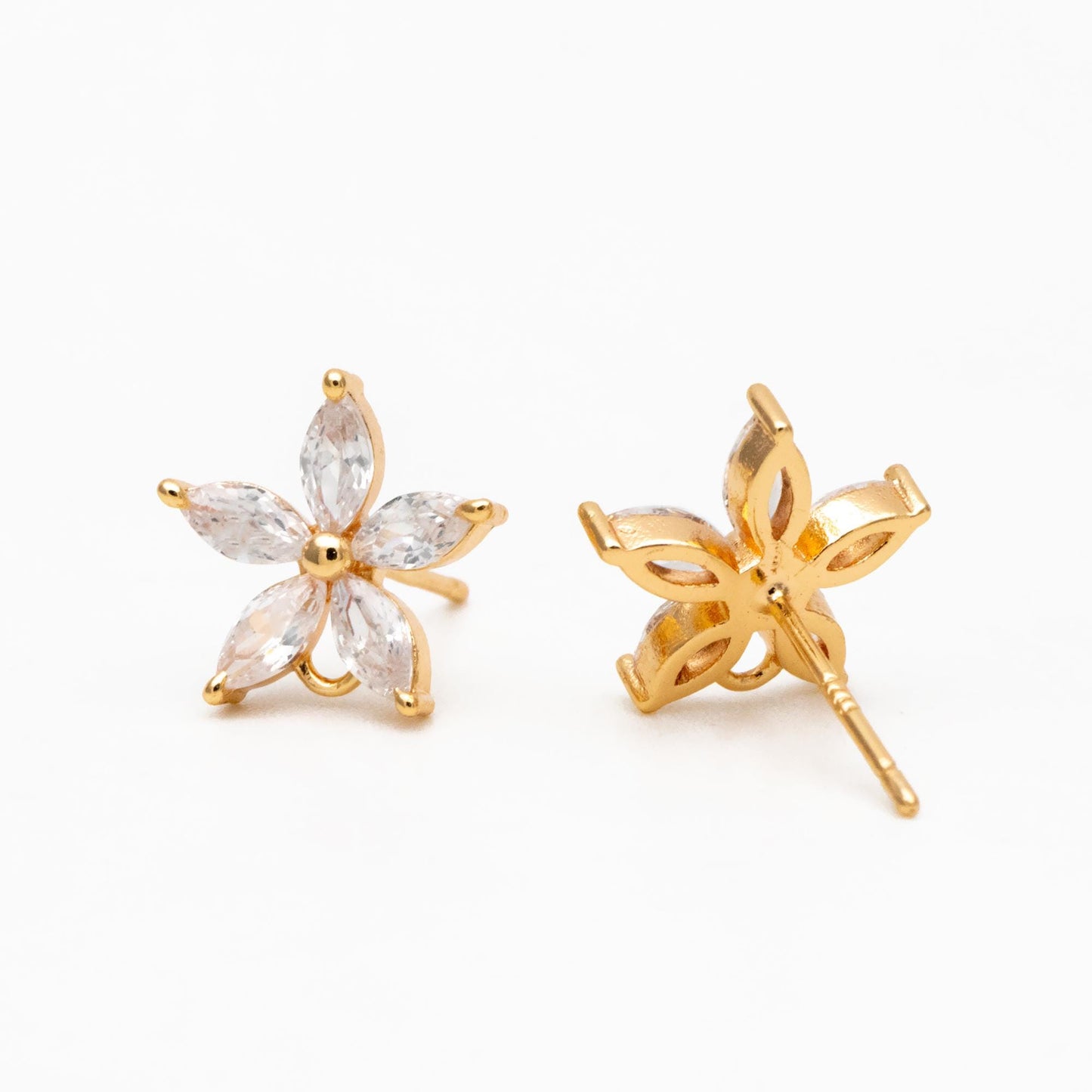 10pcs CZ Pave Flower Ear Posts 12mm, Real Gold Plated Brass Stud Earrings, Sterling Silver Pin (#GB-312)