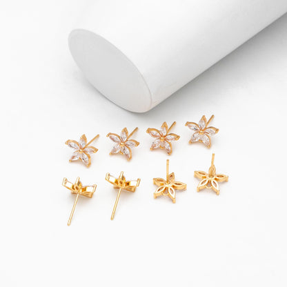 10pcs CZ Pave Flower Ear Posts 12mm, Real Gold Plated Brass Stud Earrings, Sterling Silver Pin (#GB-312)