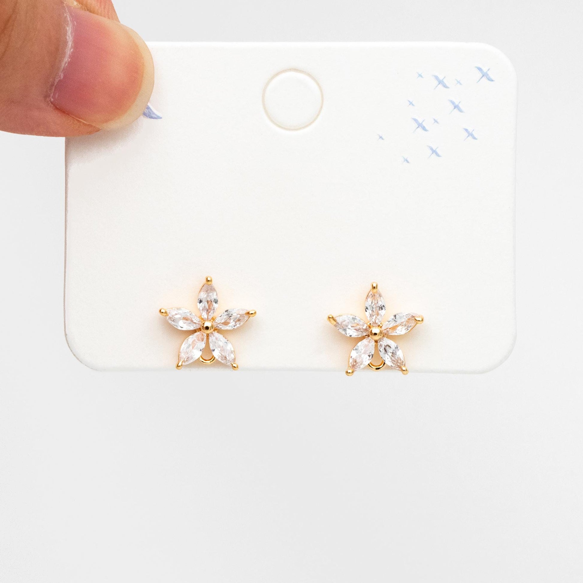 10pcs CZ Pave Flower Ear Posts 12mm, Real Gold Plated Brass Stud Earrings, Sterling Silver Pin (#GB-312)