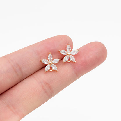10pcs CZ Pave Flower Ear Posts 12mm, Real Gold Plated Brass Stud Earrings, Sterling Silver Pin (#GB-312)