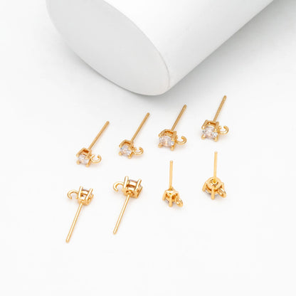 10pcs CZ Pave Ear Posts 3/ 4mm with Loops, Real Gold Plated Brass Stud Earrings, Sterling Silver Pin (#GB-313)