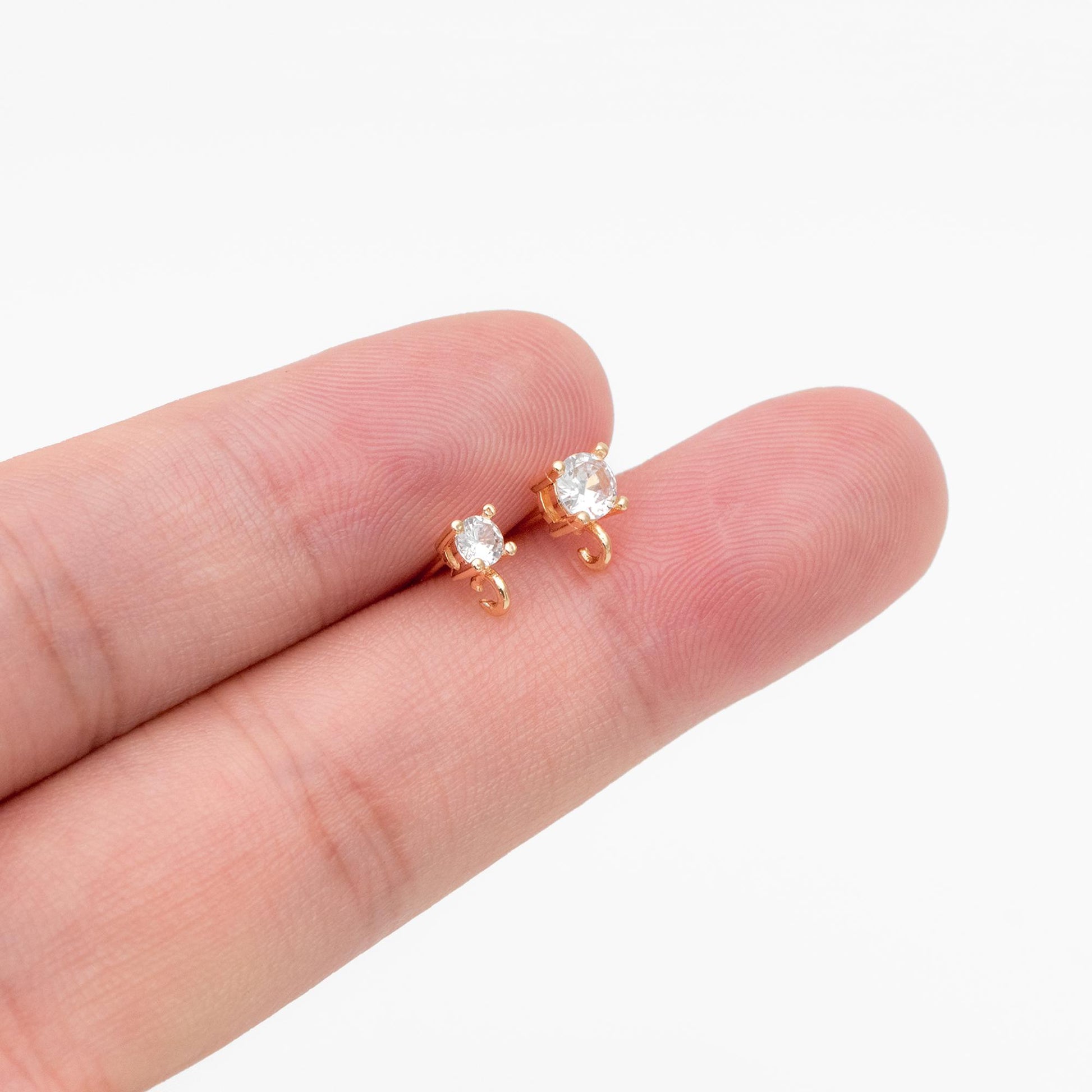 10pcs CZ Pave Ear Posts 3/ 4mm with Loops, Real Gold Plated Brass Stud Earrings, Sterling Silver Pin (#GB-313)