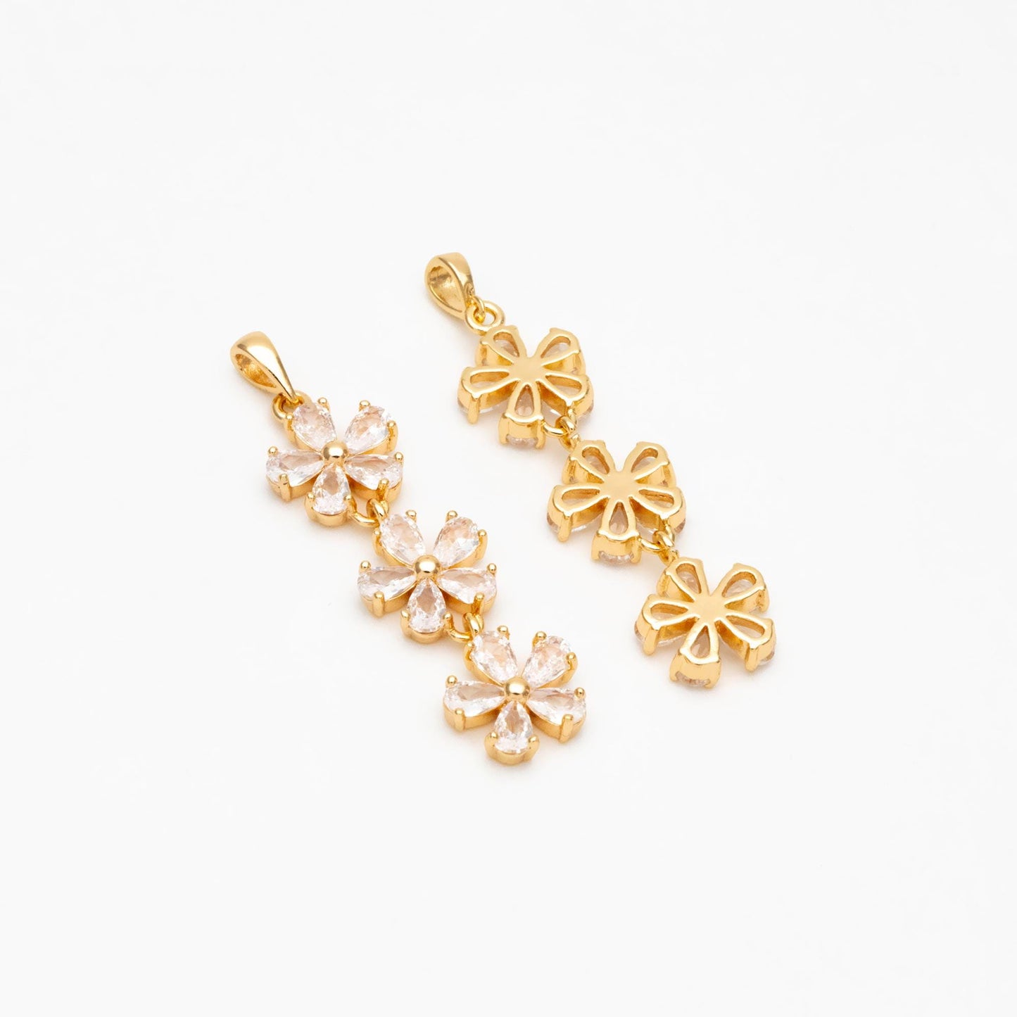 4pcs CZ Pave Gold Flower Pendants 45x11mm, Real Gold plated Brass, Lead Nickel Free (GB-3037-E)