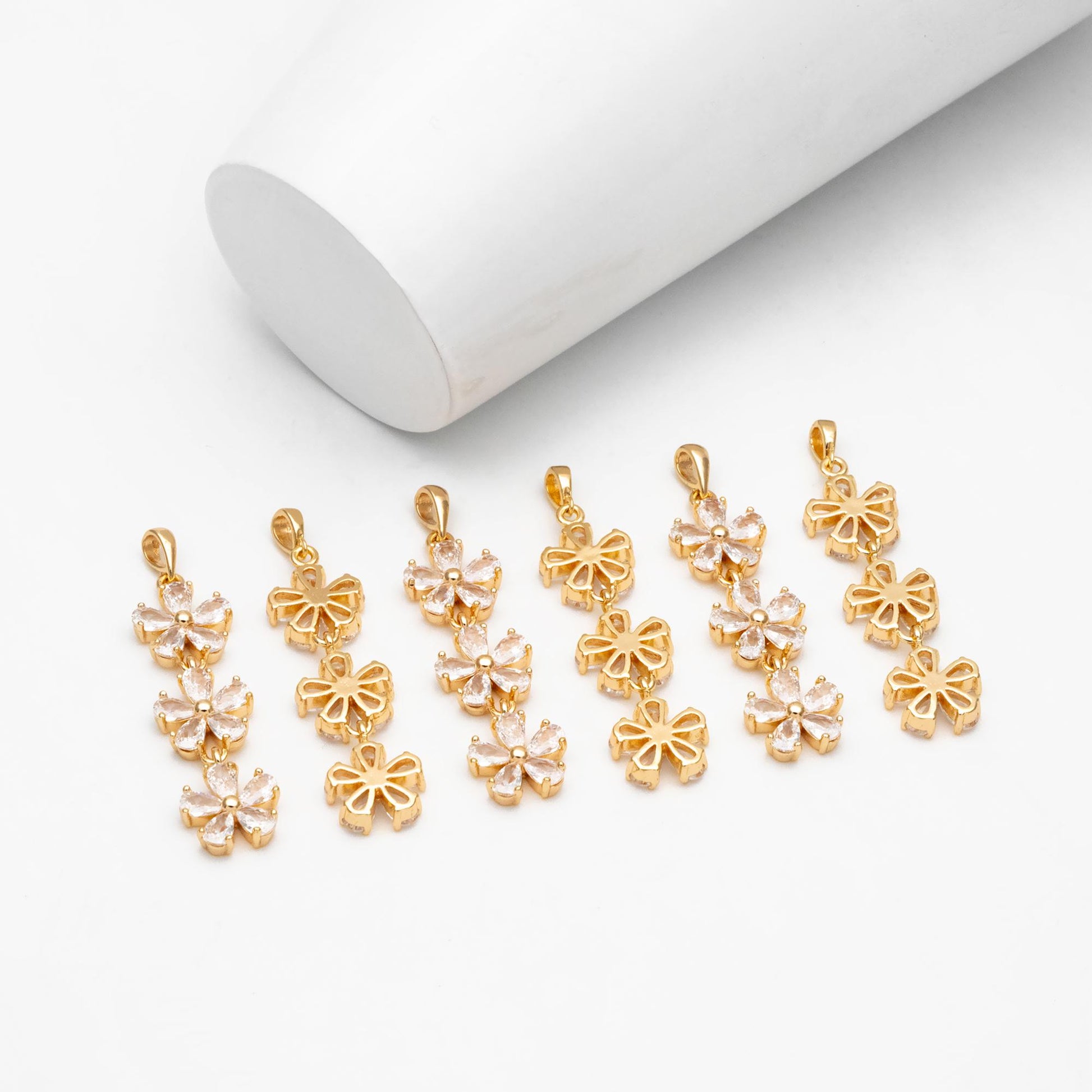 4pcs CZ Pave Gold Flower Pendants 45x11mm, Real Gold plated Brass, Lead Nickel Free (GB-3037-E)