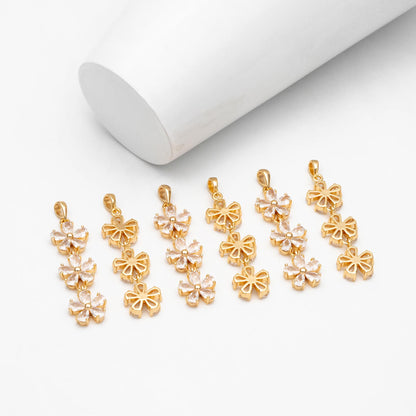 4pcs CZ Pave Gold Flower Pendants 45x11mm, Real Gold plated Brass, Lead Nickel Free (GB-3037-E)