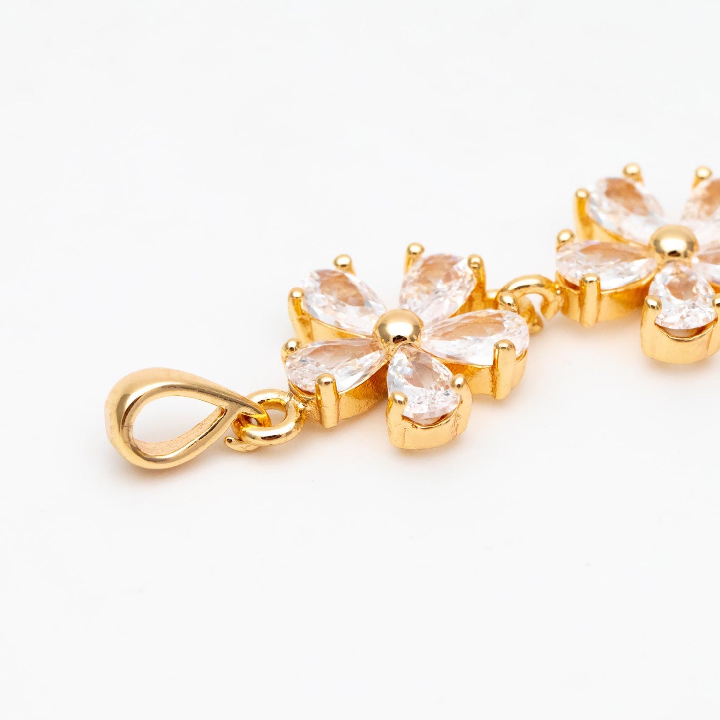 4pcs CZ Pave Gold Flower Pendants 45x11mm, Real Gold plated Brass, Lead Nickel Free (GB-3037-E)