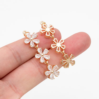 4pcs CZ Pave Gold Flower Pendants 45x11mm, Real Gold plated Brass, Lead Nickel Free (GB-3037-E)