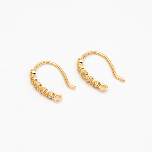 10pcs CZ Pave Gold/ Silver Earring Hooks 16x10mm, Real Gold/ Rhodium Plated Brass Earwires, Color Not Easily Tarnish (GB-317)