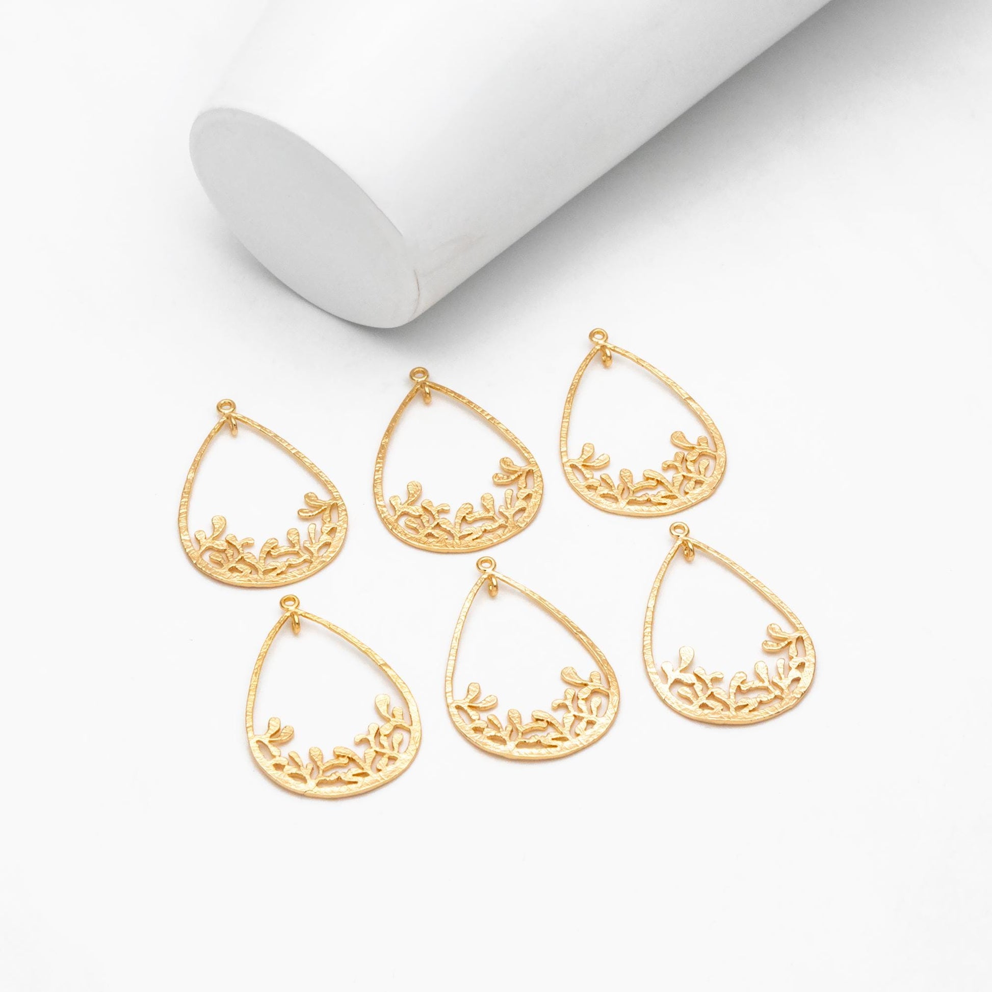 10pcs Gold Teardrop Pendants 32x22mm, Real Gold plated Brass Branch Charm Connectors (GB-324)