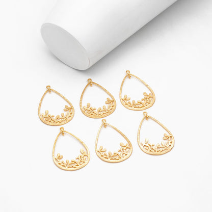 10pcs Gold Teardrop Pendants 32x22mm, Real Gold plated Brass Branch Charm Connectors (GB-324)