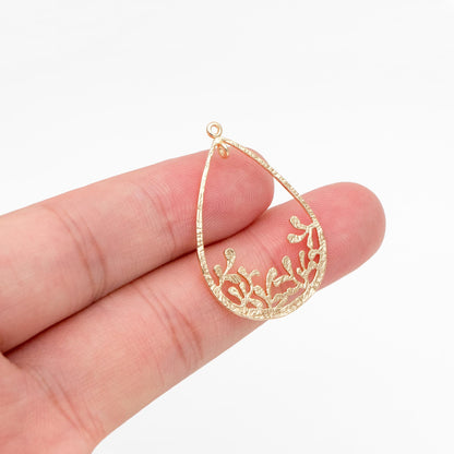 10pcs Gold Teardrop Pendants 32x22mm, Real Gold plated Brass Branch Charm Connectors (GB-324)