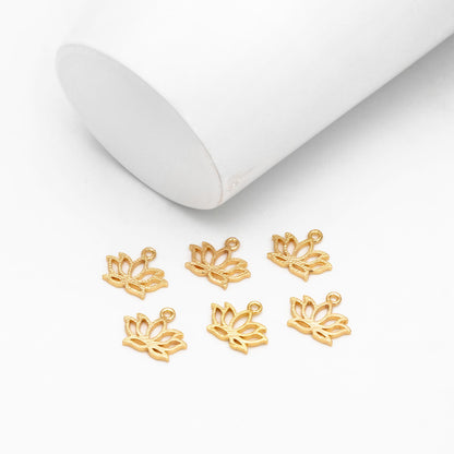 4pcs Gold Lotus Charm Pendants 12mm, Real Gold plated Brass, Color Not Easily Tarnish (GB-321-H)