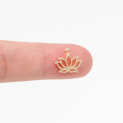 4pcs Gold Lotus Charm Pendants 12mm, Real Gold plated Brass, Color Not Easily Tarnish (GB-321-H)