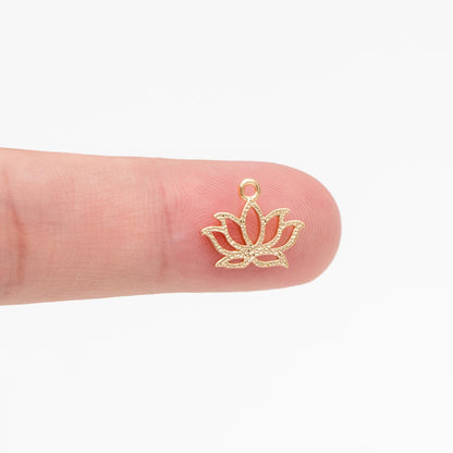 4pcs Gold Lotus Charm Pendants 12mm, Real Gold plated Brass, Color Not Easily Tarnish (GB-321-H)