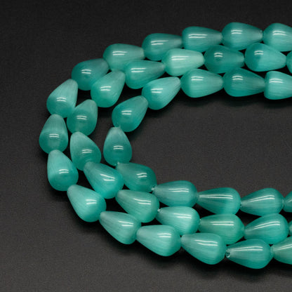 28pcs Green Smooth Teardrop Cat's Eye Beads, 8x12mm, For Jewelry Making (TR-075)