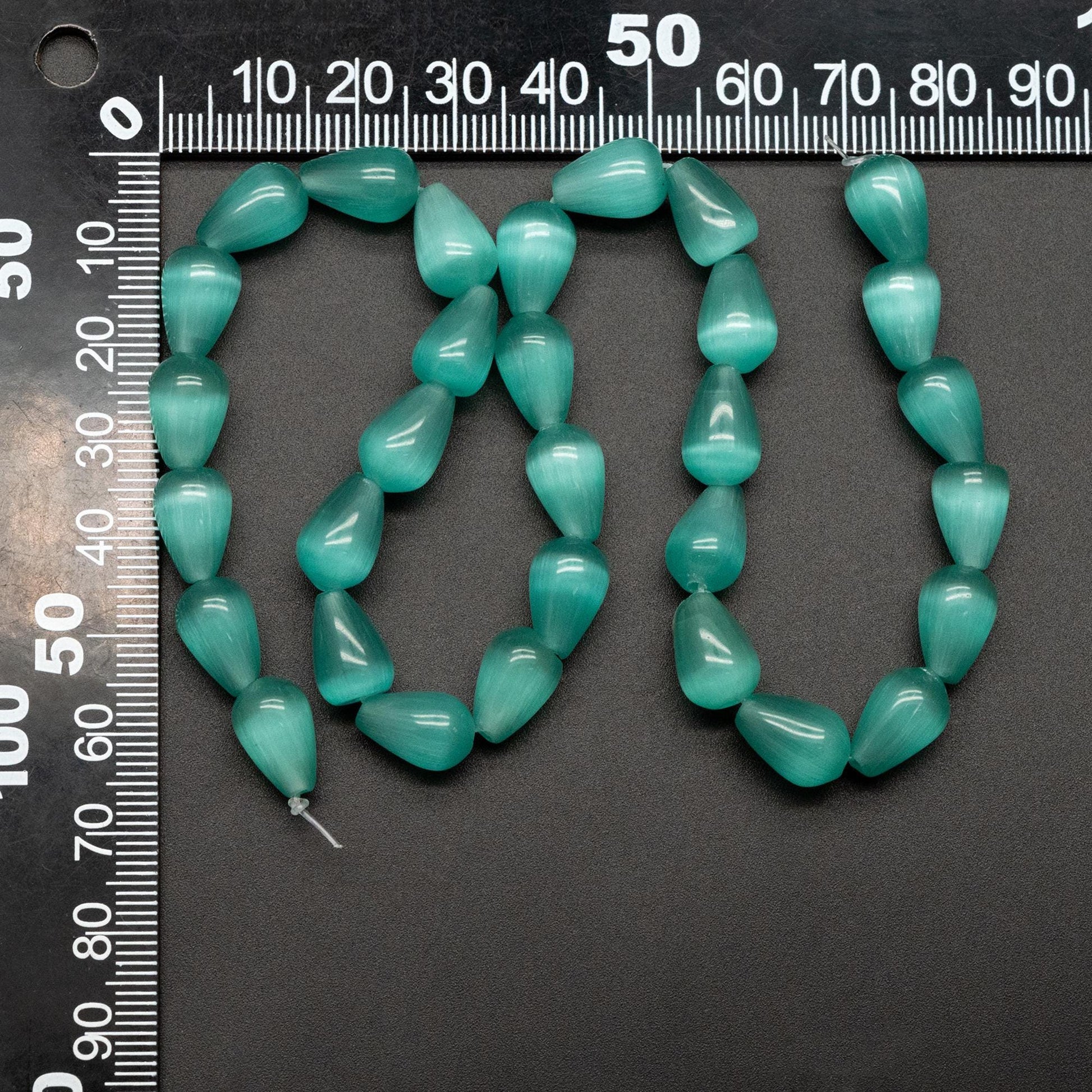 28pcs Green Smooth Teardrop Cat's Eye Beads, 8x12mm, For Jewelry Making (TR-075)