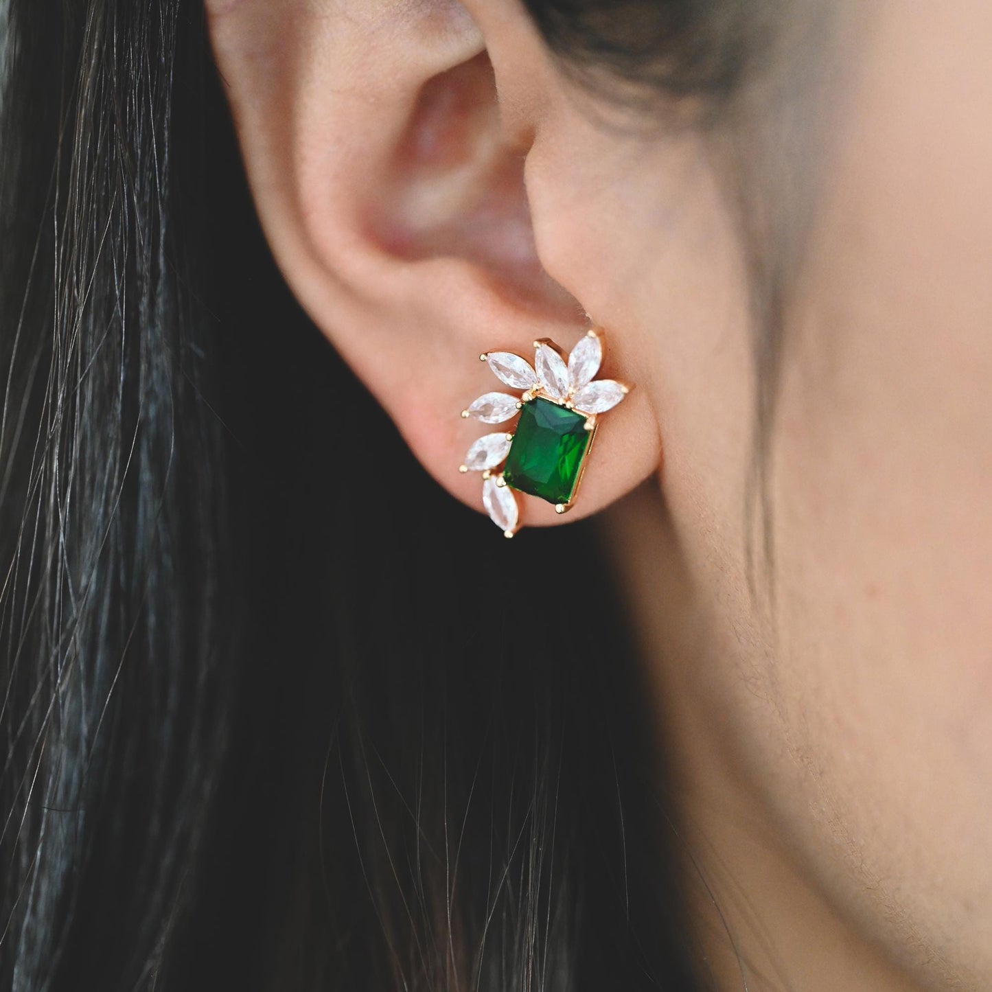 4pcs CZ Pave Olive/ Emerald Rectangle Leaf Earring Studs, Dainty Earrings, Gift For Her (#GB-2943)