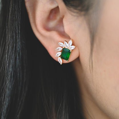 4pcs CZ Pave Olive/ Emerald Rectangle Leaf Earring Studs, Dainty Earrings, Gift For Her (#GB-2943)