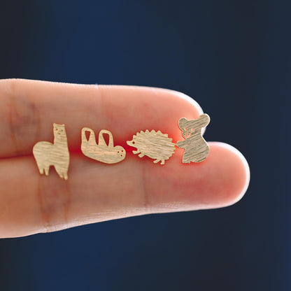 10pcs Gold Hedgehog/ Alpaca/ Sloth/ Koala Earrings, Gold Plated Brass, Cute Animal Stud Earrings (GB-4528)