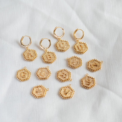 Gold/ Silver Alphabet Charms, English Letter Pendants 16x20mm, Hexagon Initial Coin Pendants, You Choose Letter (GB-2458)