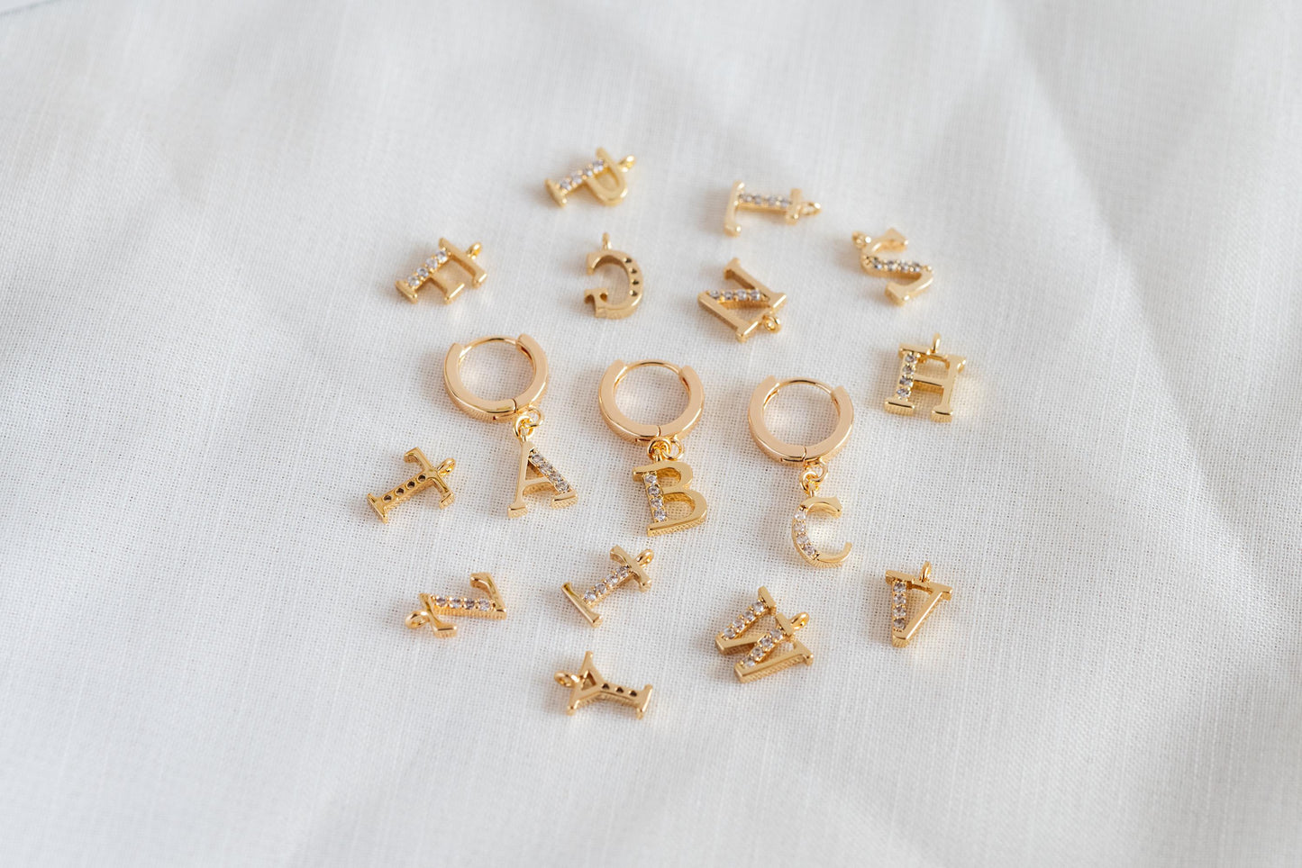 CZ Pave Gold Alphabet Beads, 18K Gold plated Brass, English Letter Charm Pendants 10mm, You Choose Letter (GB-723)