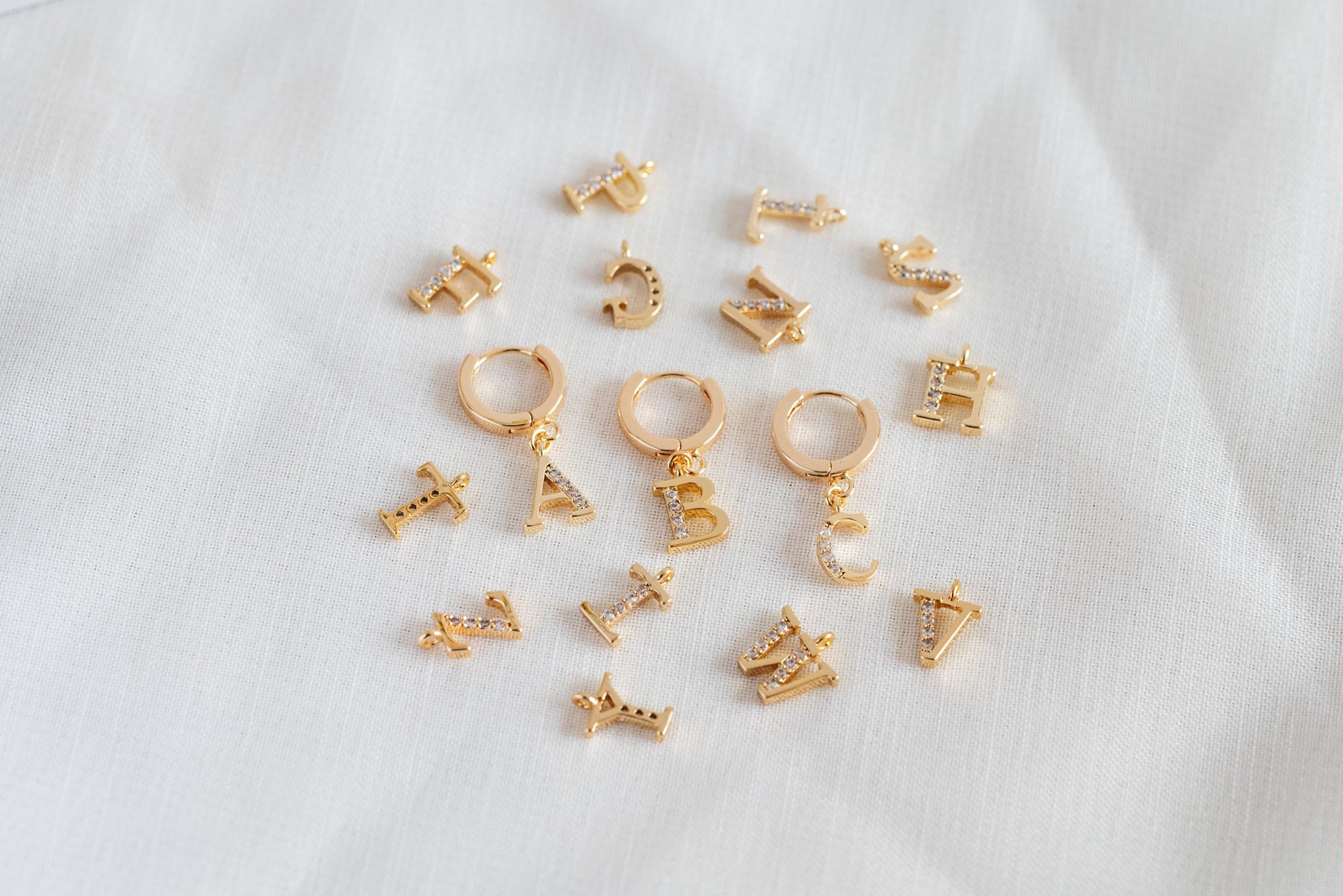 CZ Pave Gold Alphabet Beads, 18K Gold plated Brass, English Letter Charm Pendants 10mm, You Choose Letter (GB-723)