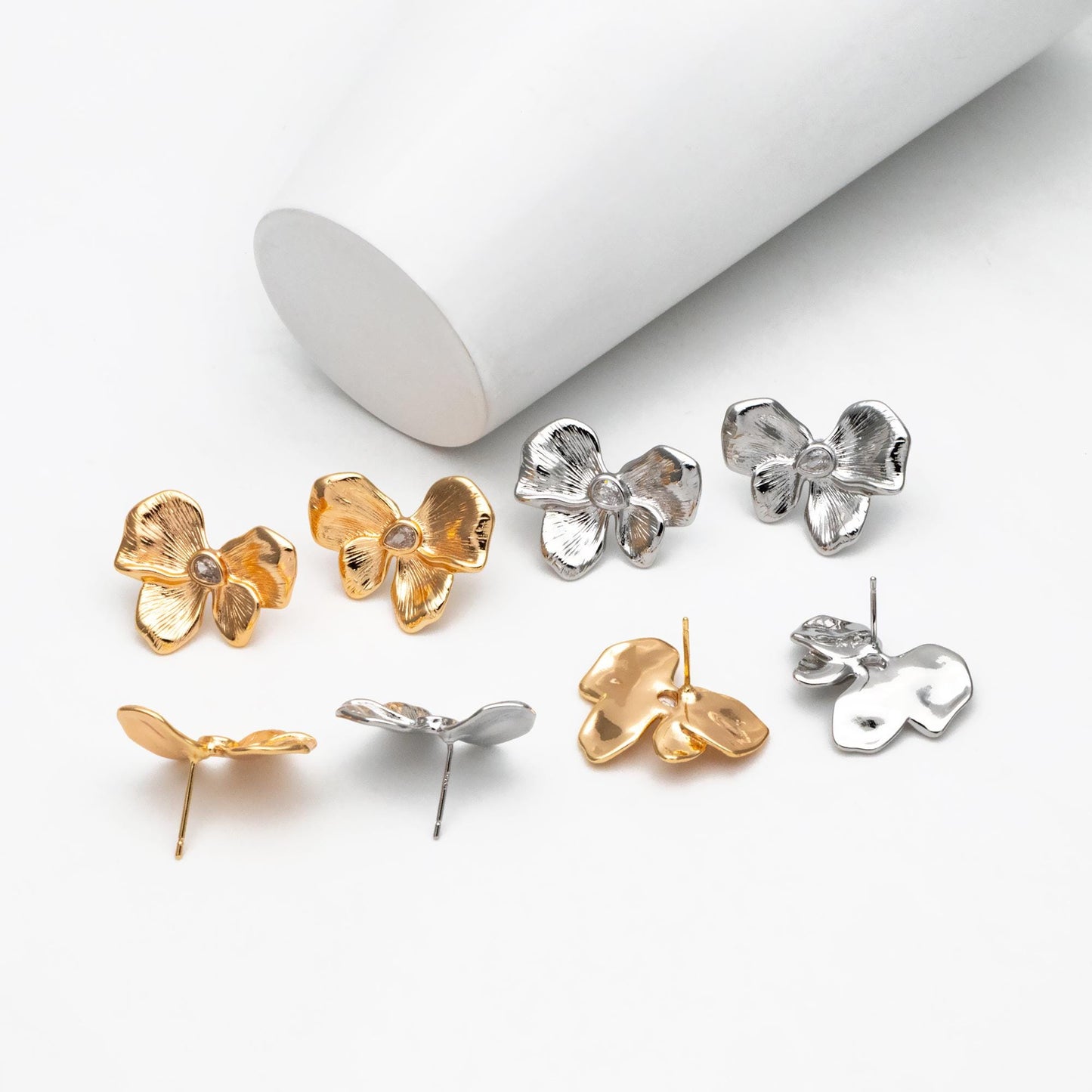 4pcs CZ Pave Gold/ Silver Tone Bowknot Earrings, 18K Real Gold/ Rhodium plated Brass, Flower Stud Earrings (GB-4493)