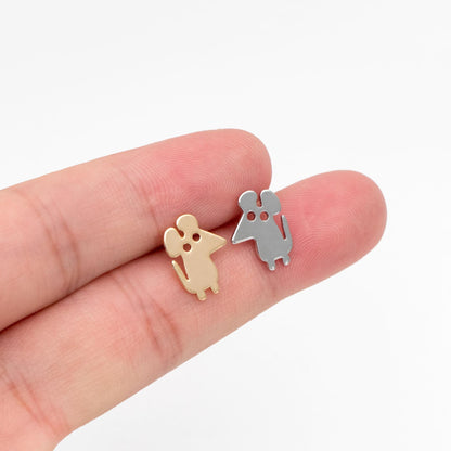 10pcs Gold/ Silver Tone Cute Mouse Earrings, Gold/ Rhodium Plated Brass, Minimalist Animal Stud Earrings (GB-4494)